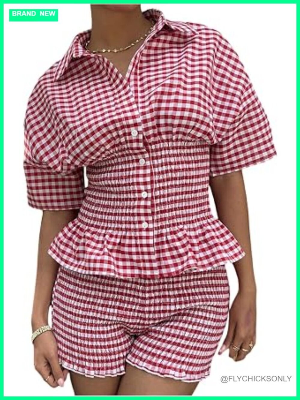 Plaid Button Down Short Sleeve Smocked Top Shorts Matching Set